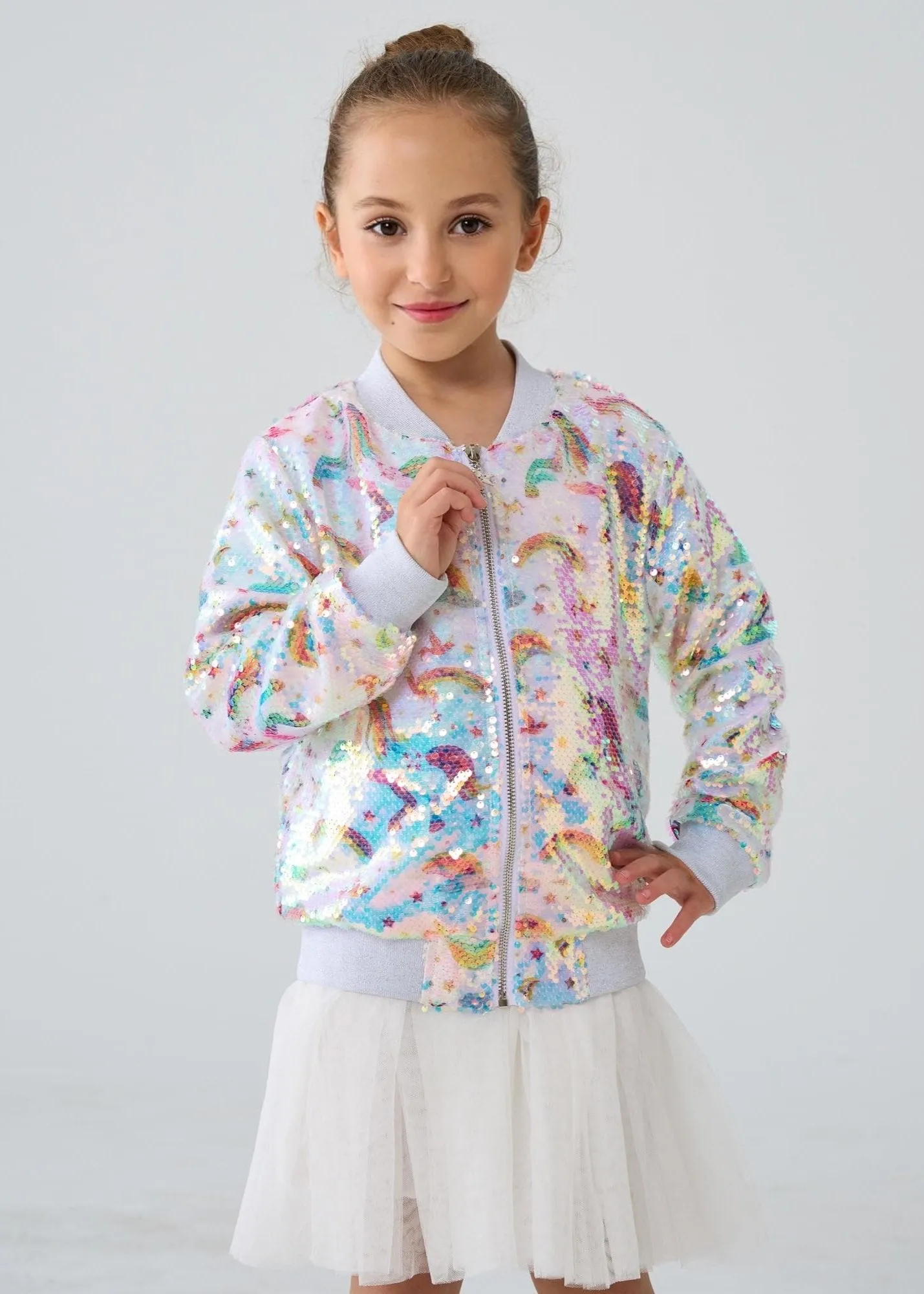 2Bunnies Girls' Unicorn Rainbow Sequin Bomber Jacket