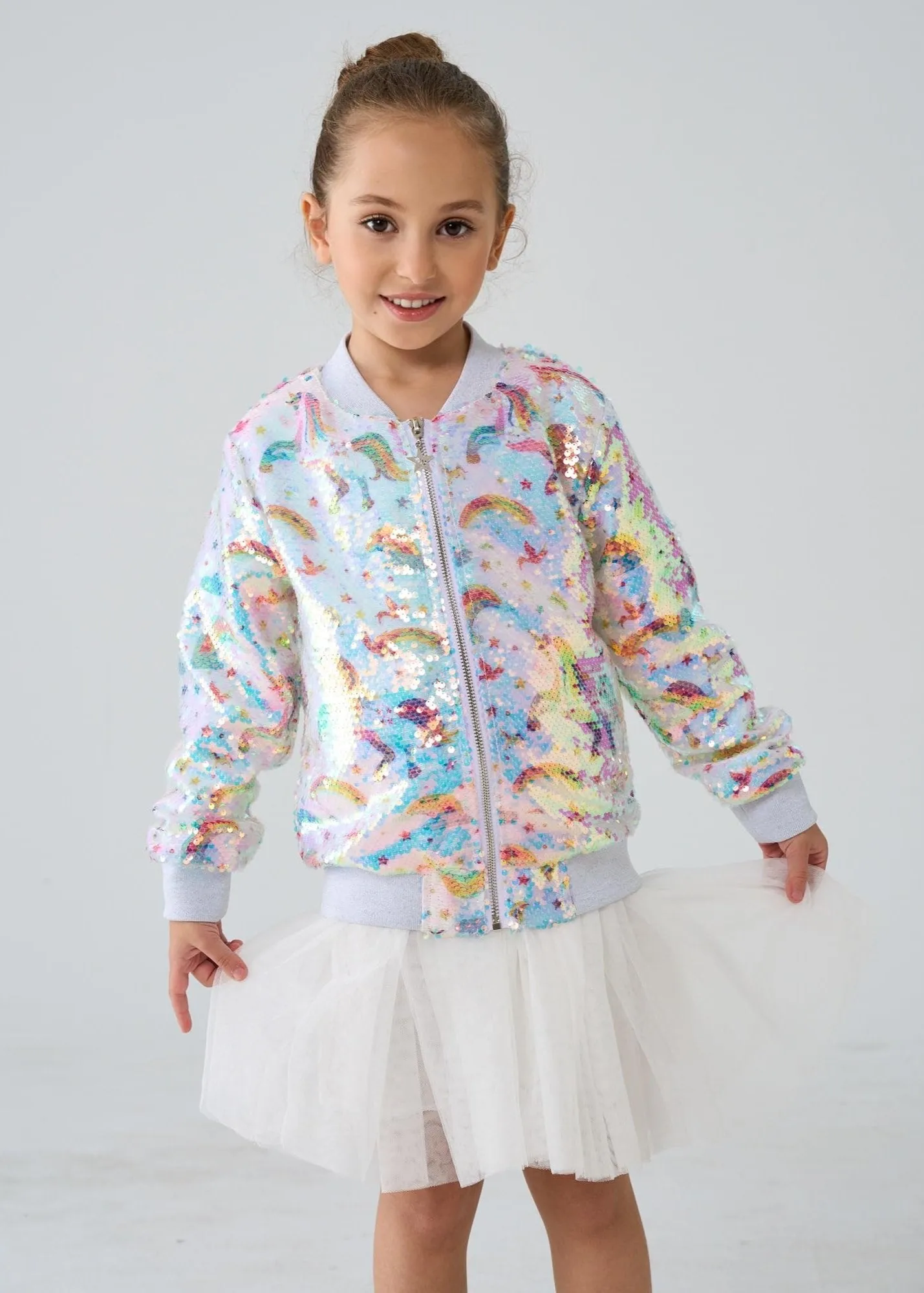 2Bunnies Girls' Unicorn Rainbow Sequin Bomber Jacket