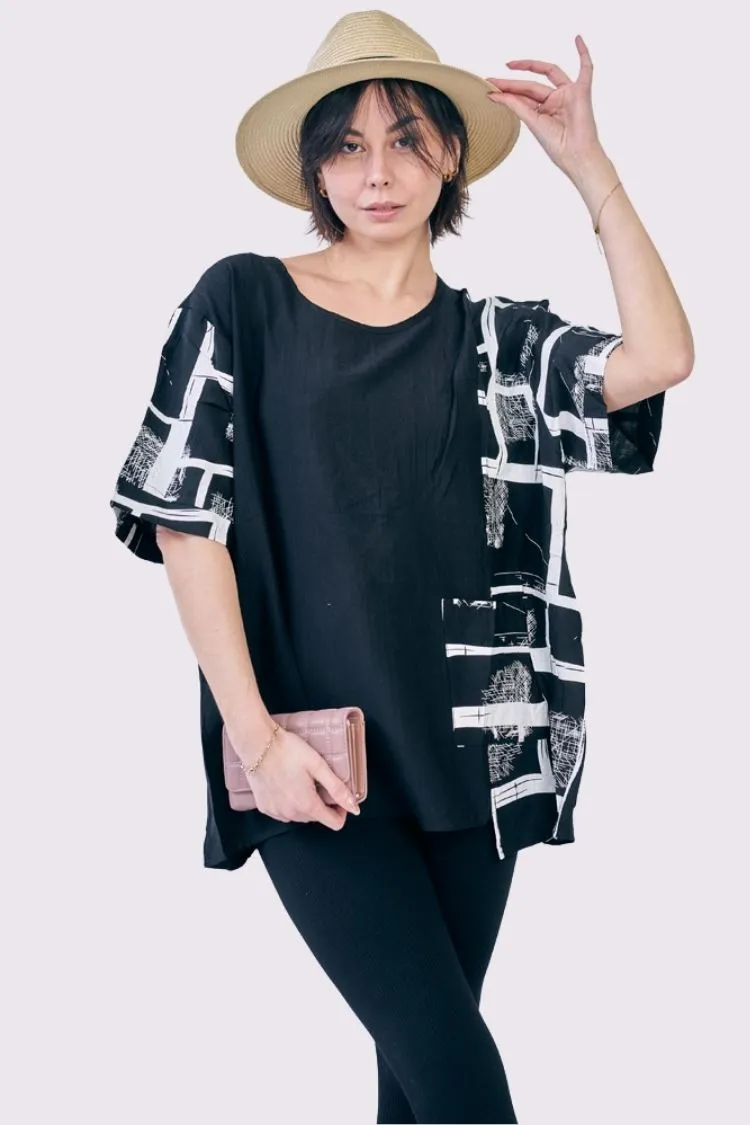 Abstract Check Print Pocket Cotton Top