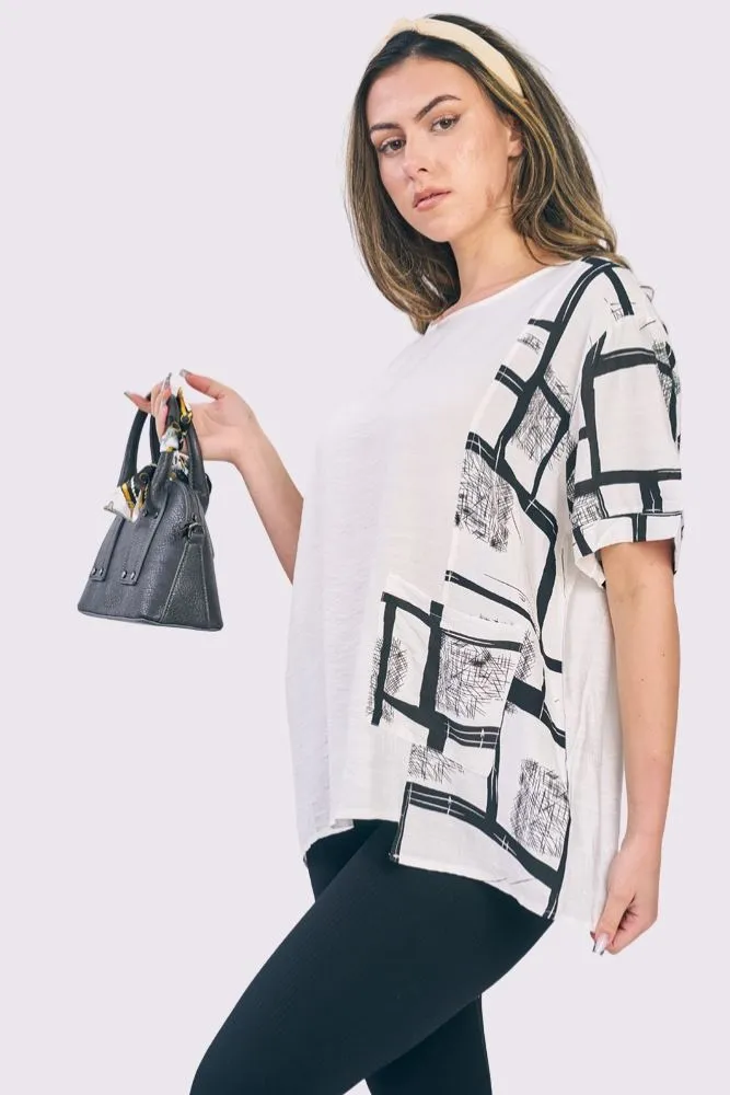 Abstract Check Print Pocket Cotton Top