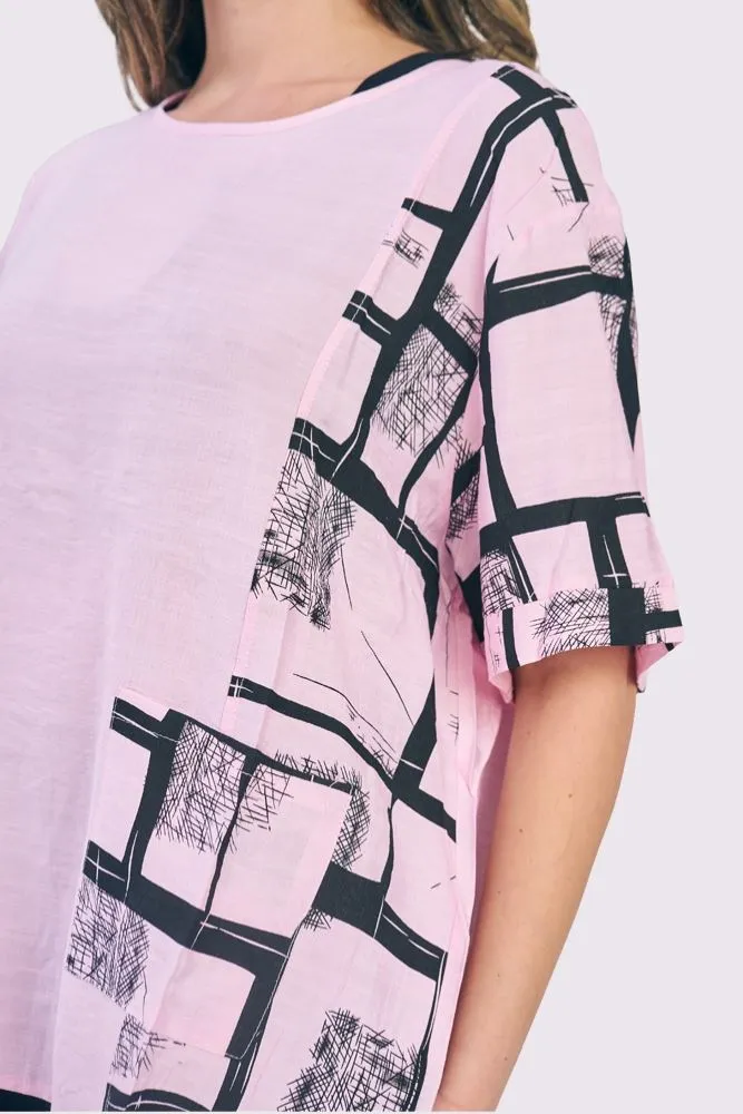 Abstract Check Print Pocket Cotton Top