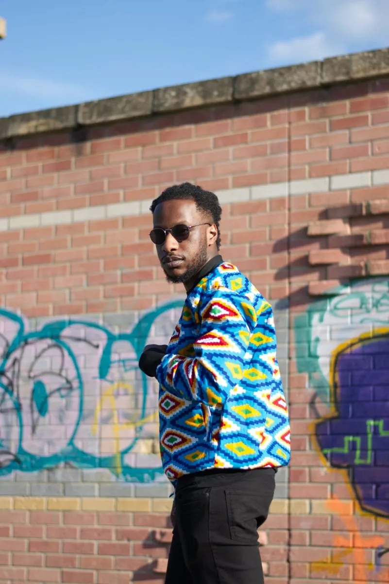 African Bomber Jacket In Blue Kente Print