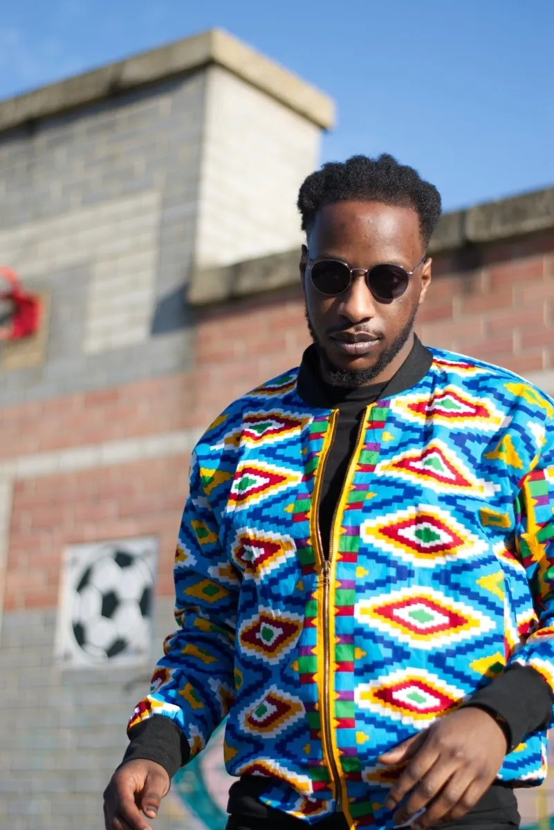 African Bomber Jacket In Blue Kente Print