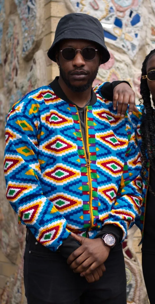 African Bomber Jacket In Blue Kente Print