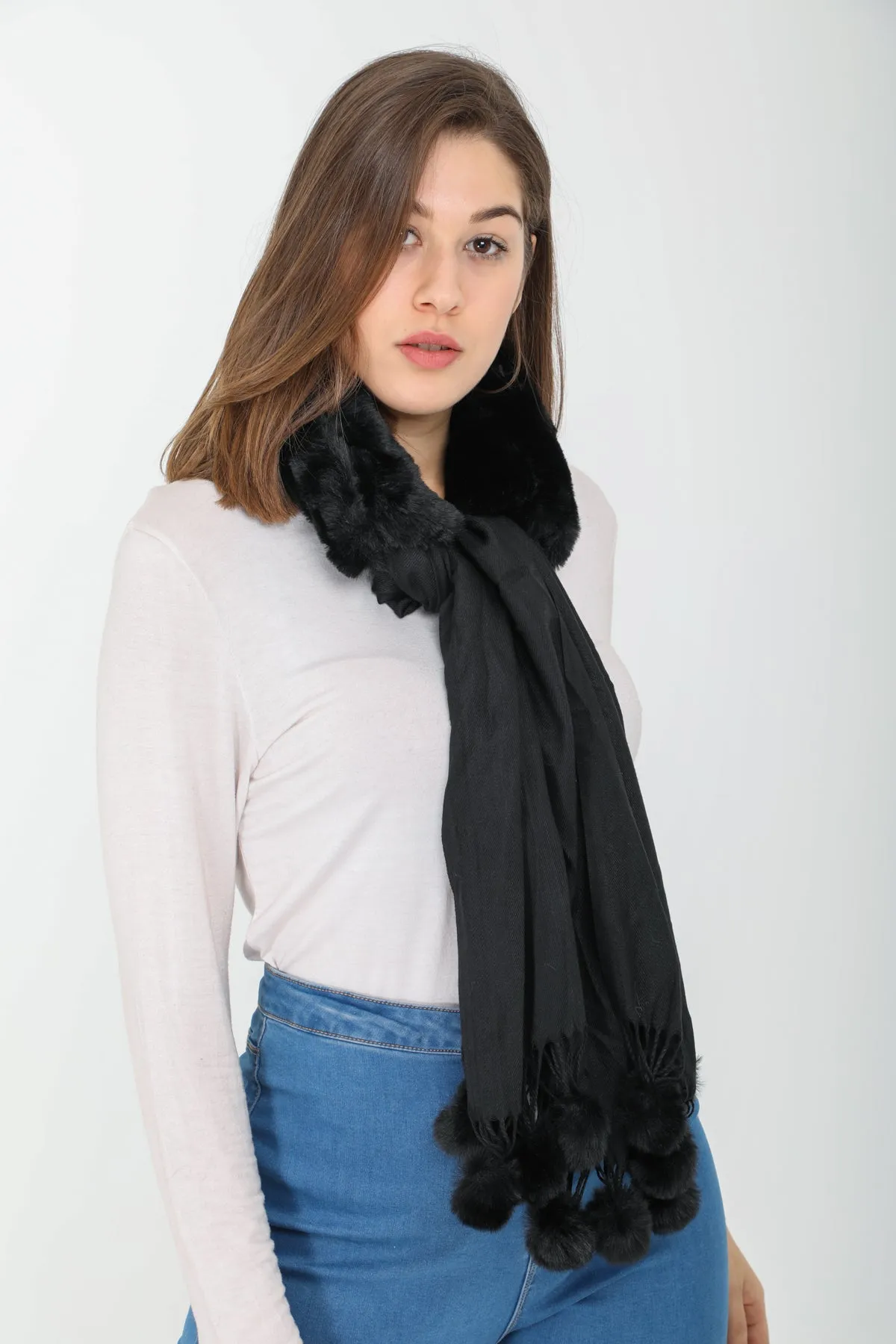 Alannah Black Fur Collar Scarf with Pom Tassel