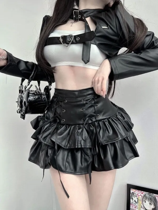 Alternative leather ruffled skirt