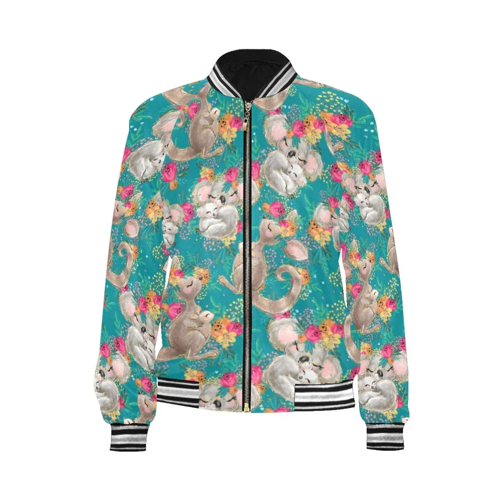 Australian Animals Koala and Kangaroo Green Bomber Jacket for Women