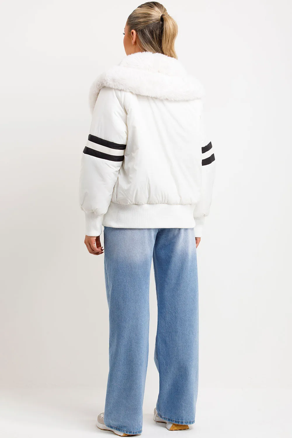 Aviator Bomber Jacket With Faux Fur And Stripe Detail White