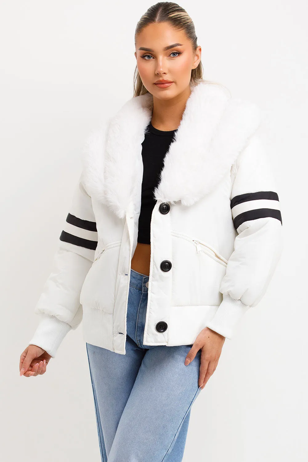 Aviator Bomber Jacket With Faux Fur And Stripe Detail White