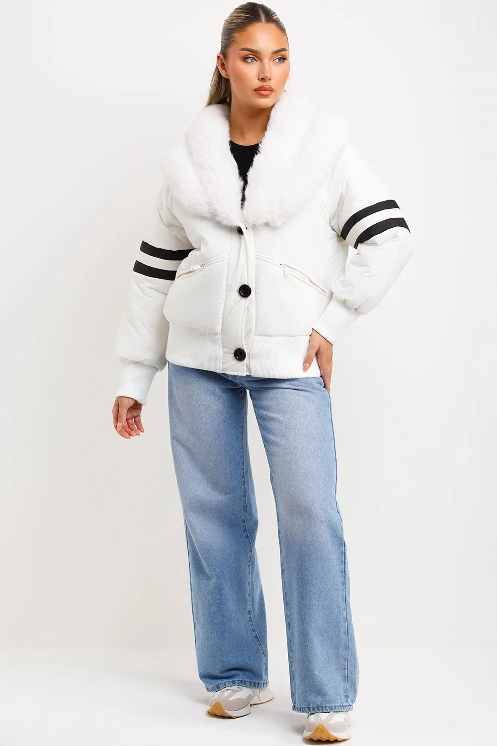 Aviator Bomber Jacket With Faux Fur And Stripe Detail White