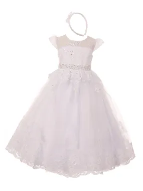 Baby Girls White Beaded Lace Illusion Neckline Baptism Dress 0-12M