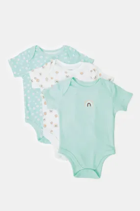 Baby Mint And White Printed Bodysuit Set (Pack Of 3)