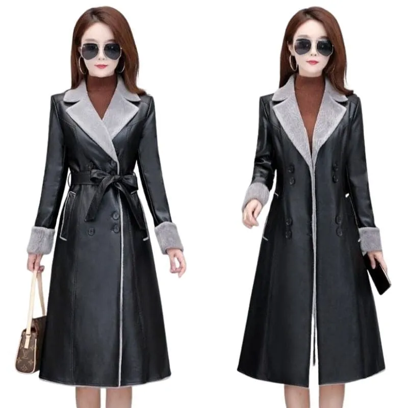 BELLA Design Women's Fine Fashion Genuine Leather Cashmere Plush Fur Coat