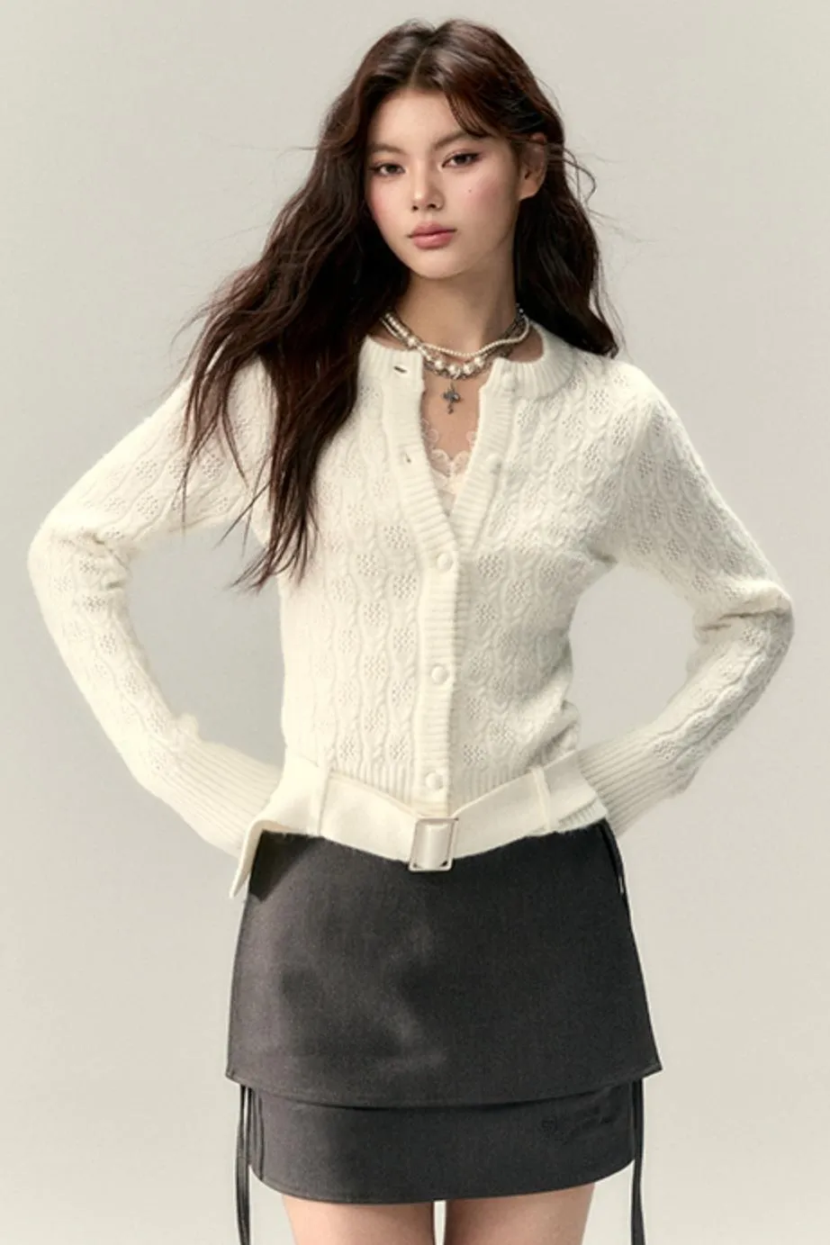 Belt Cutout Knit Cardigan & Scarf Set-Up