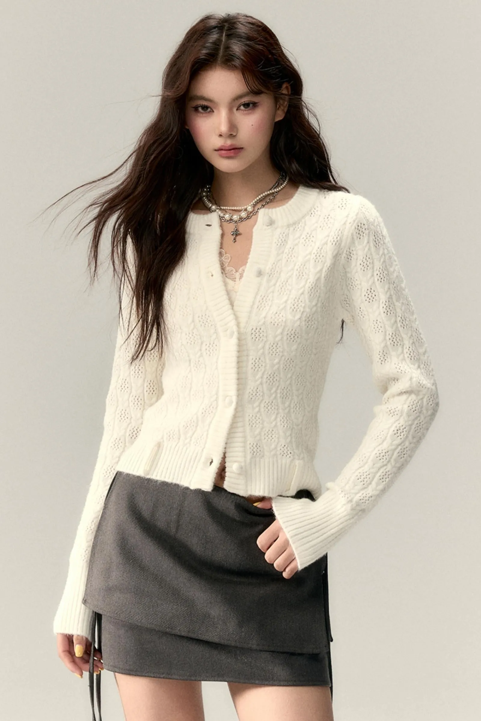 Belt Cutout Knit Cardigan & Scarf Set-Up