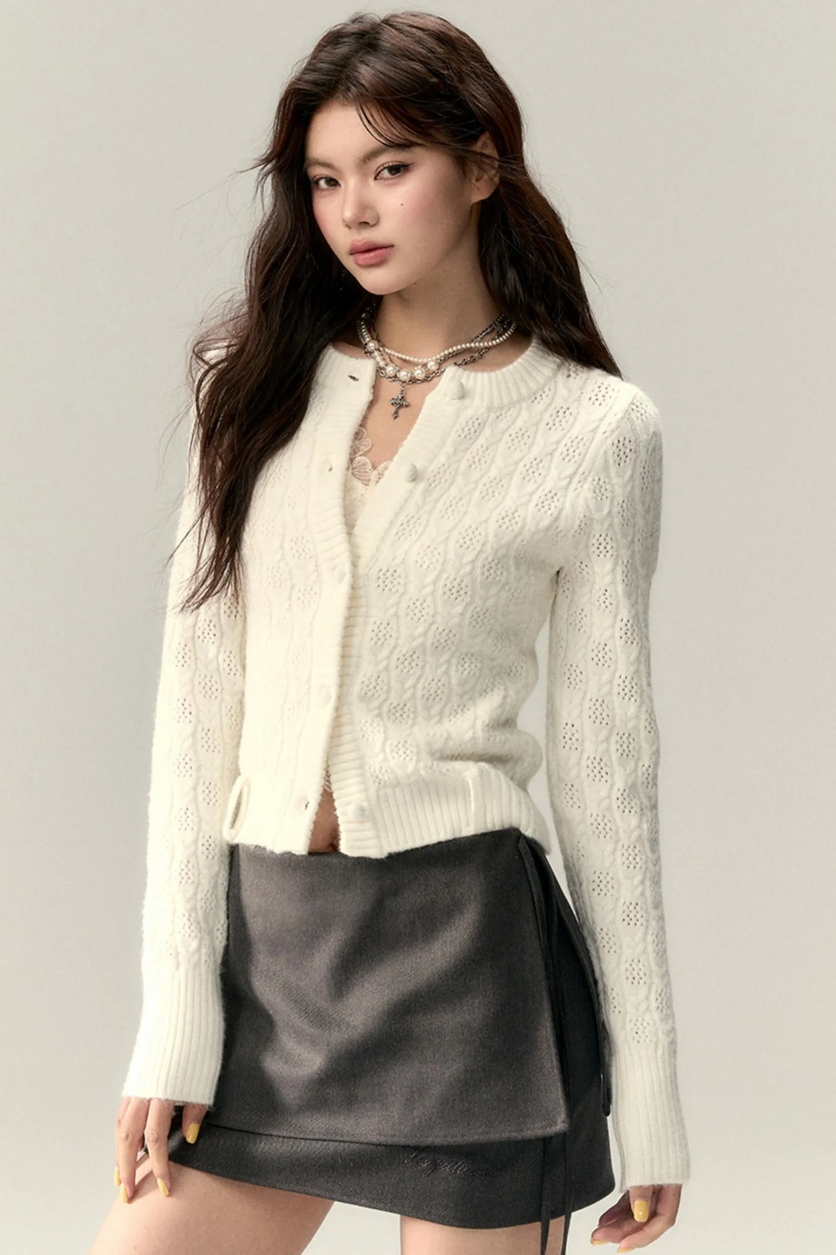 Belt Cutout Knit Cardigan & Scarf Set-Up