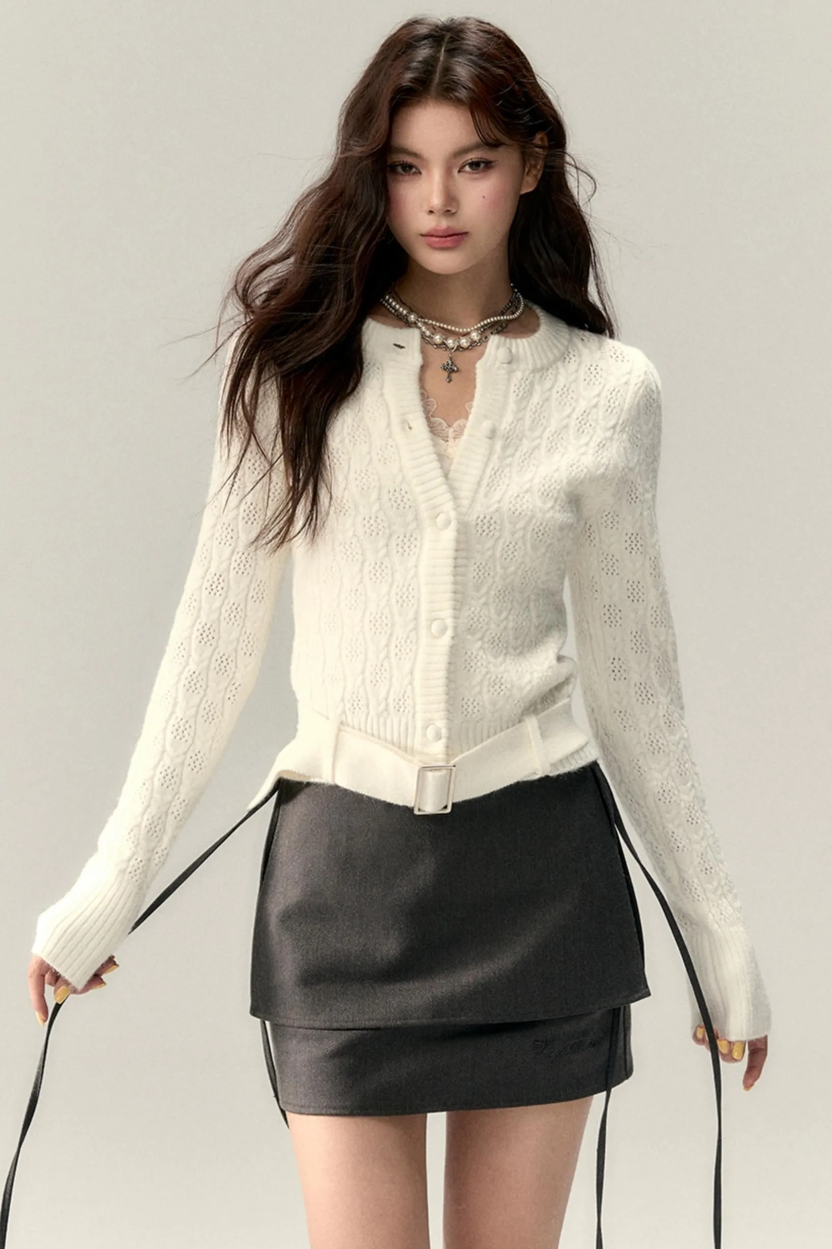 Belt Cutout Knit Cardigan & Scarf Set-Up