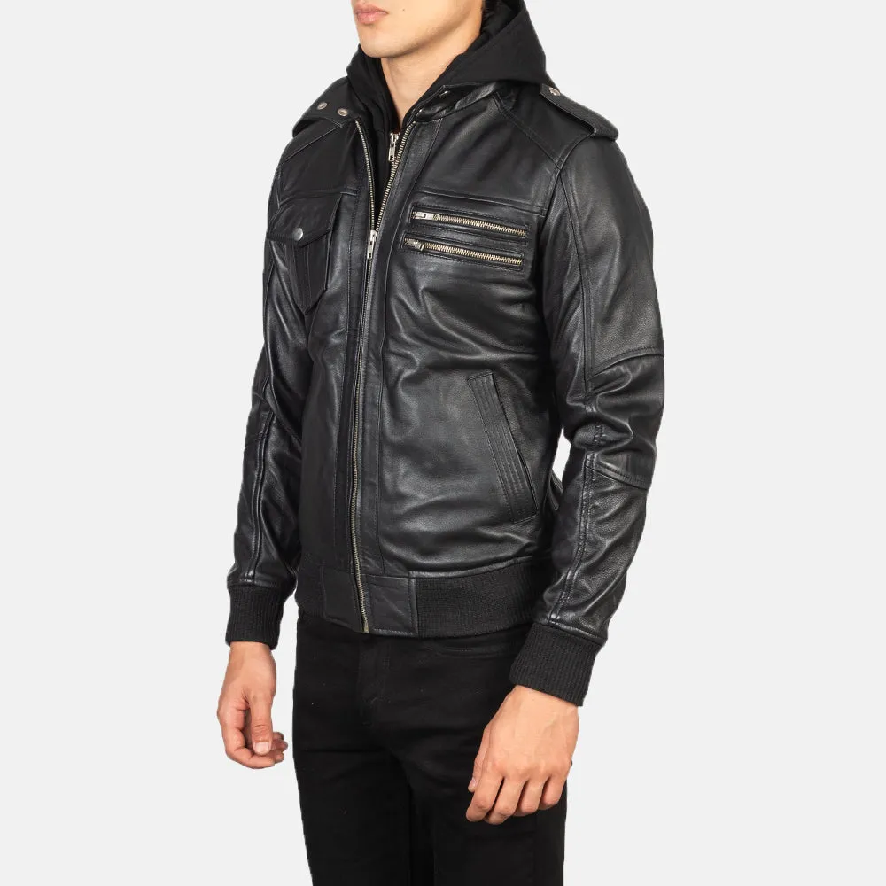 Black Hooded Bomber Leather Jacket