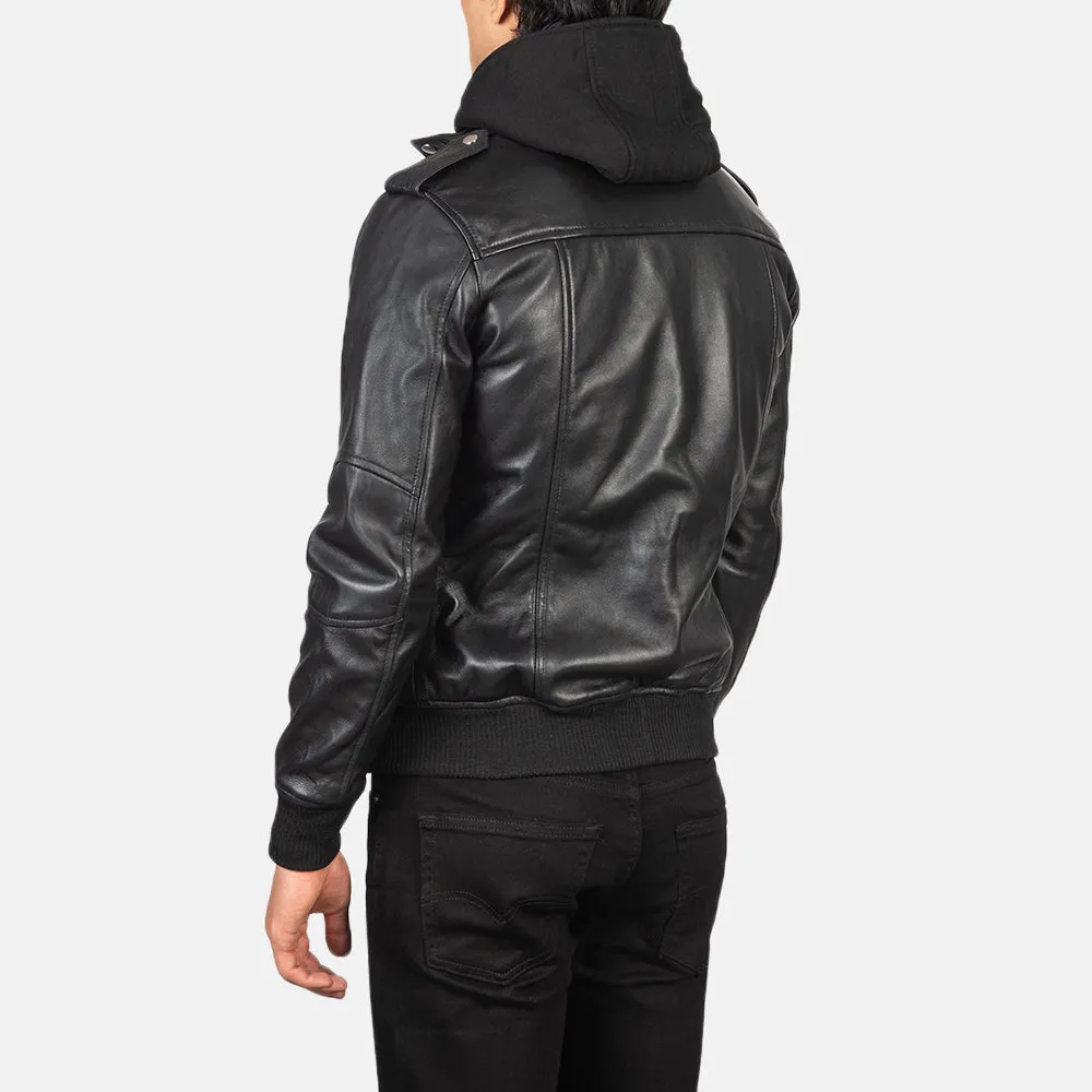 Black Hooded Bomber Leather Jacket