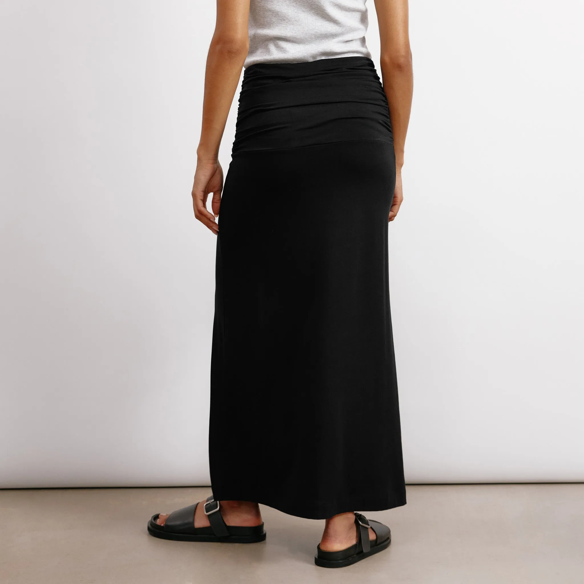 Black Ruched Waist Jersey Maxi Skirt