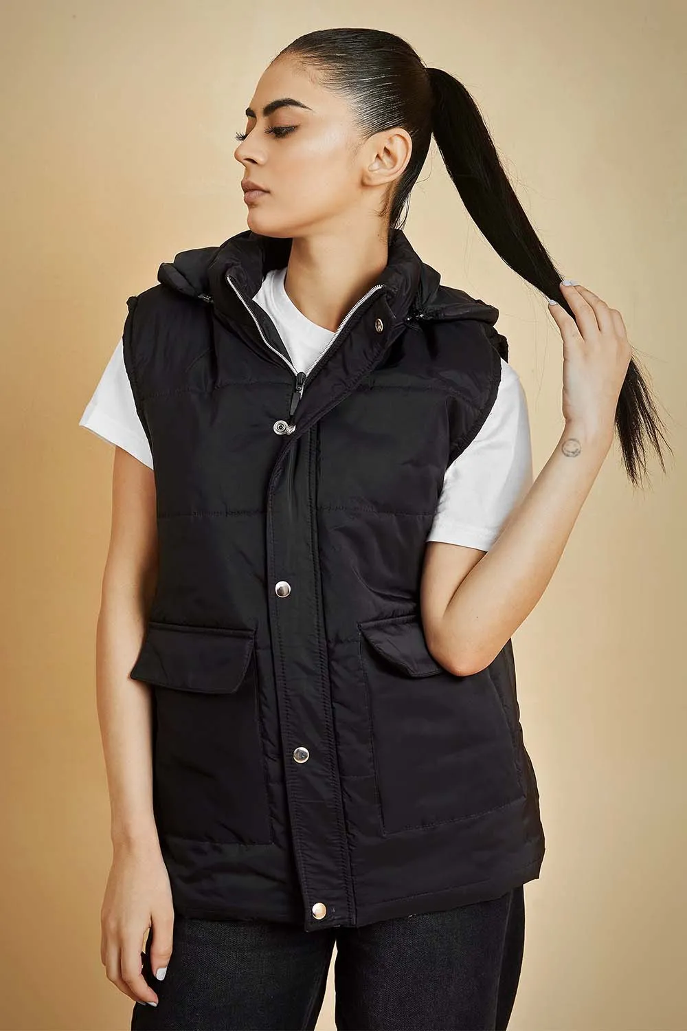 Black Sleeveless Puffer Jacket with Removable Hood - W