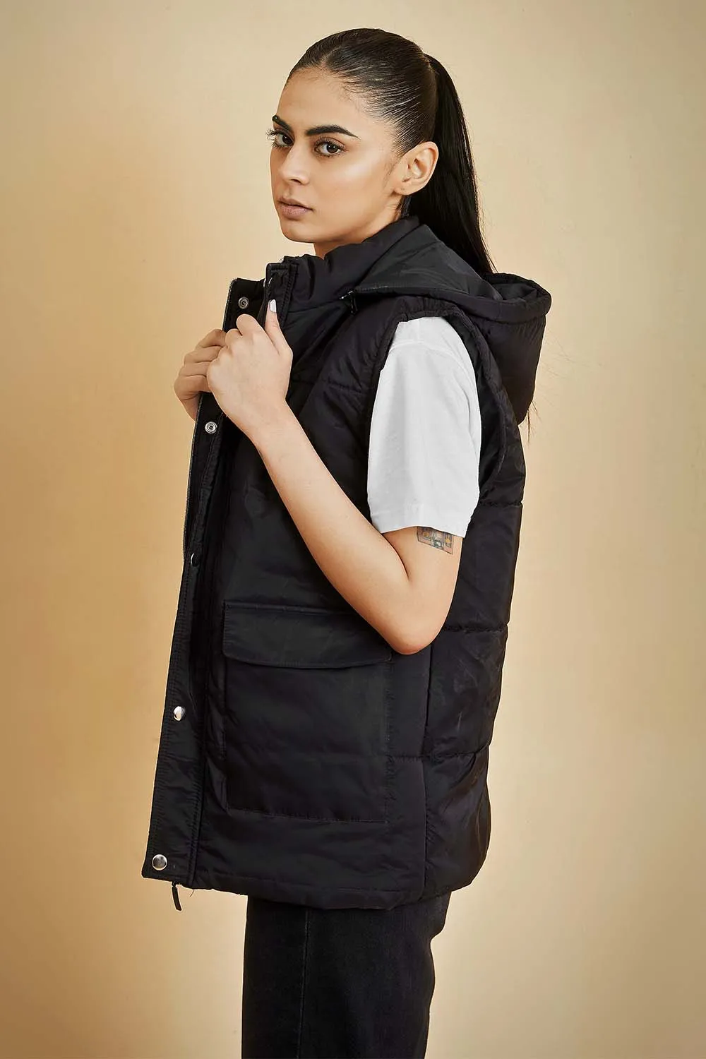 Black Sleeveless Puffer Jacket with Removable Hood - W