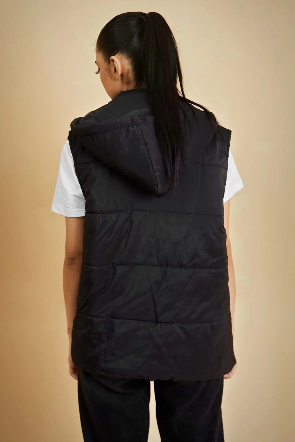 Black Sleeveless Puffer Jacket with Removable Hood - W