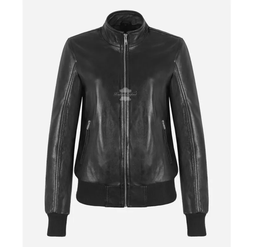 BOMBER Ladies Jacket Black Stand Up Collar Classic Pilot Bomber Jacket