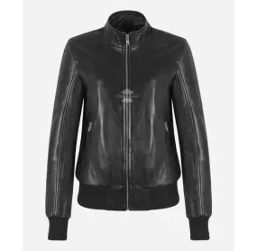 BOMBER Ladies Jacket Black Stand Up Collar Classic Pilot Bomber Jacket