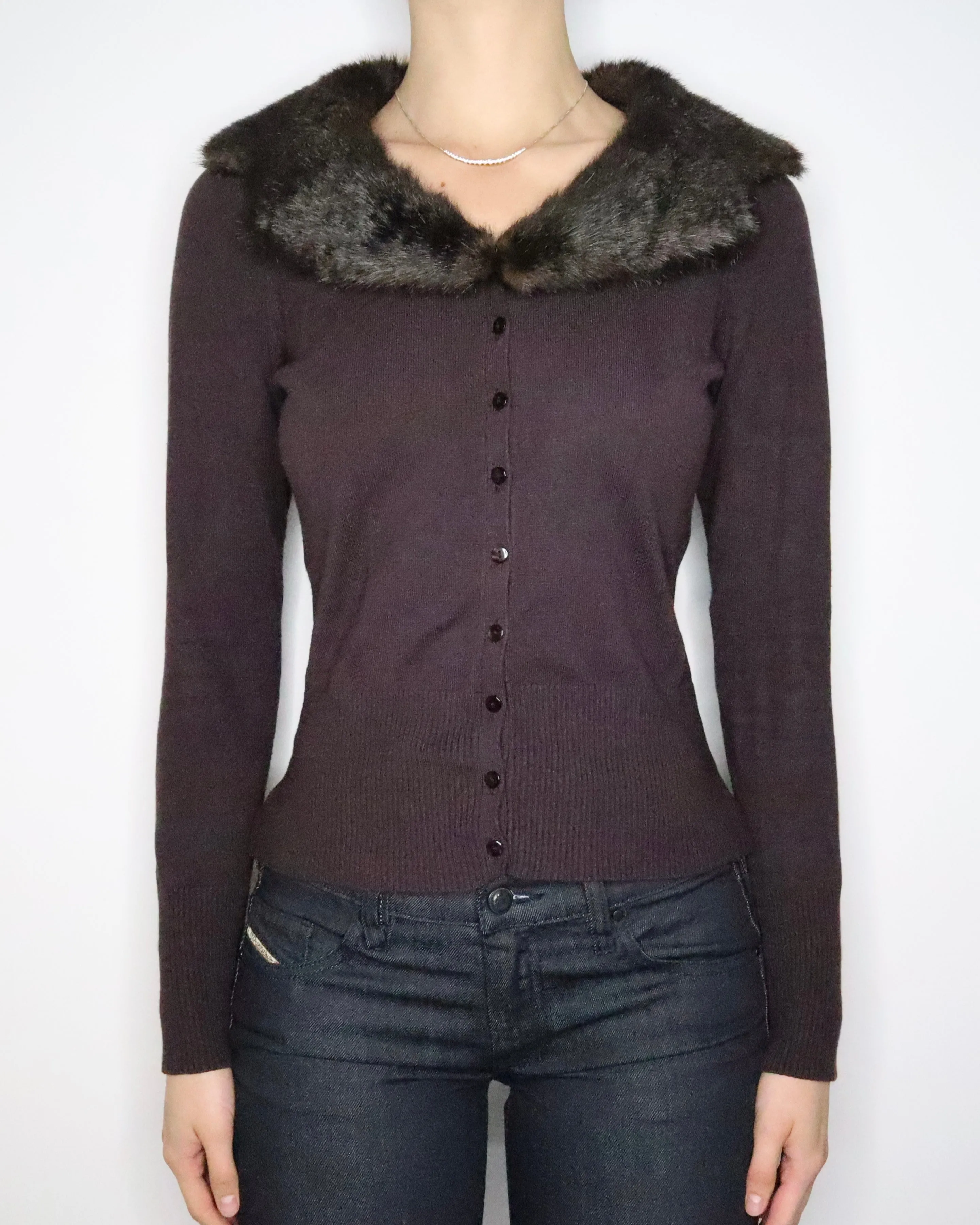 Brown Fur Collar Cardigan (Medium) 