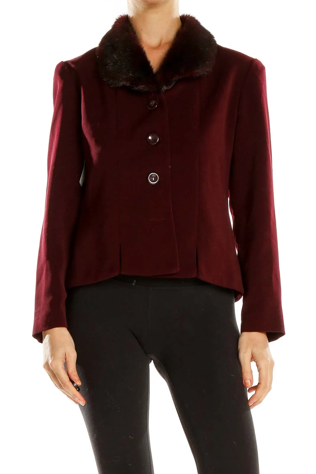 Burgundy Fur-Collar Button-Up Jacket