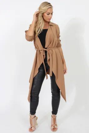 Camel Belted Waterfall Duster Jacket - Aisla