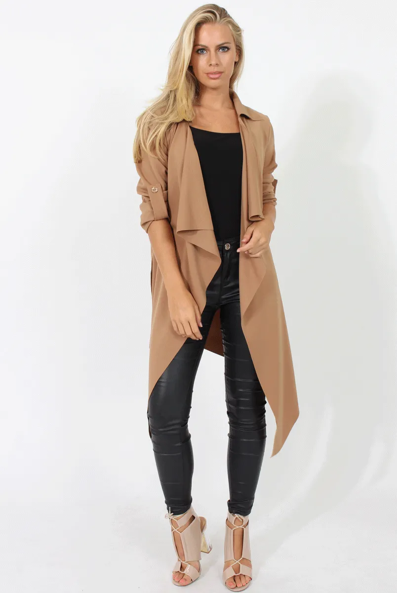 Camel Belted Waterfall Duster Jacket - Aisla