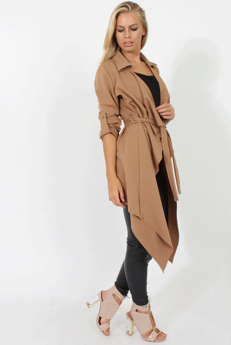 Camel Belted Waterfall Duster Jacket - Aisla