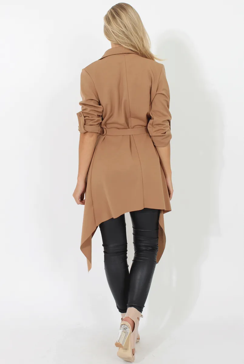 Camel Belted Waterfall Duster Jacket - Aisla