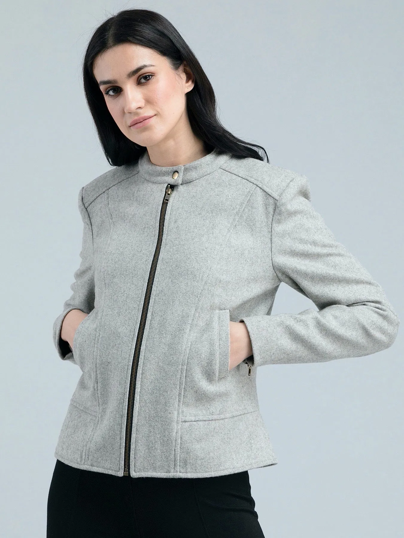 Cotton Wool Felt Panelled Bomber Jacket - Grey