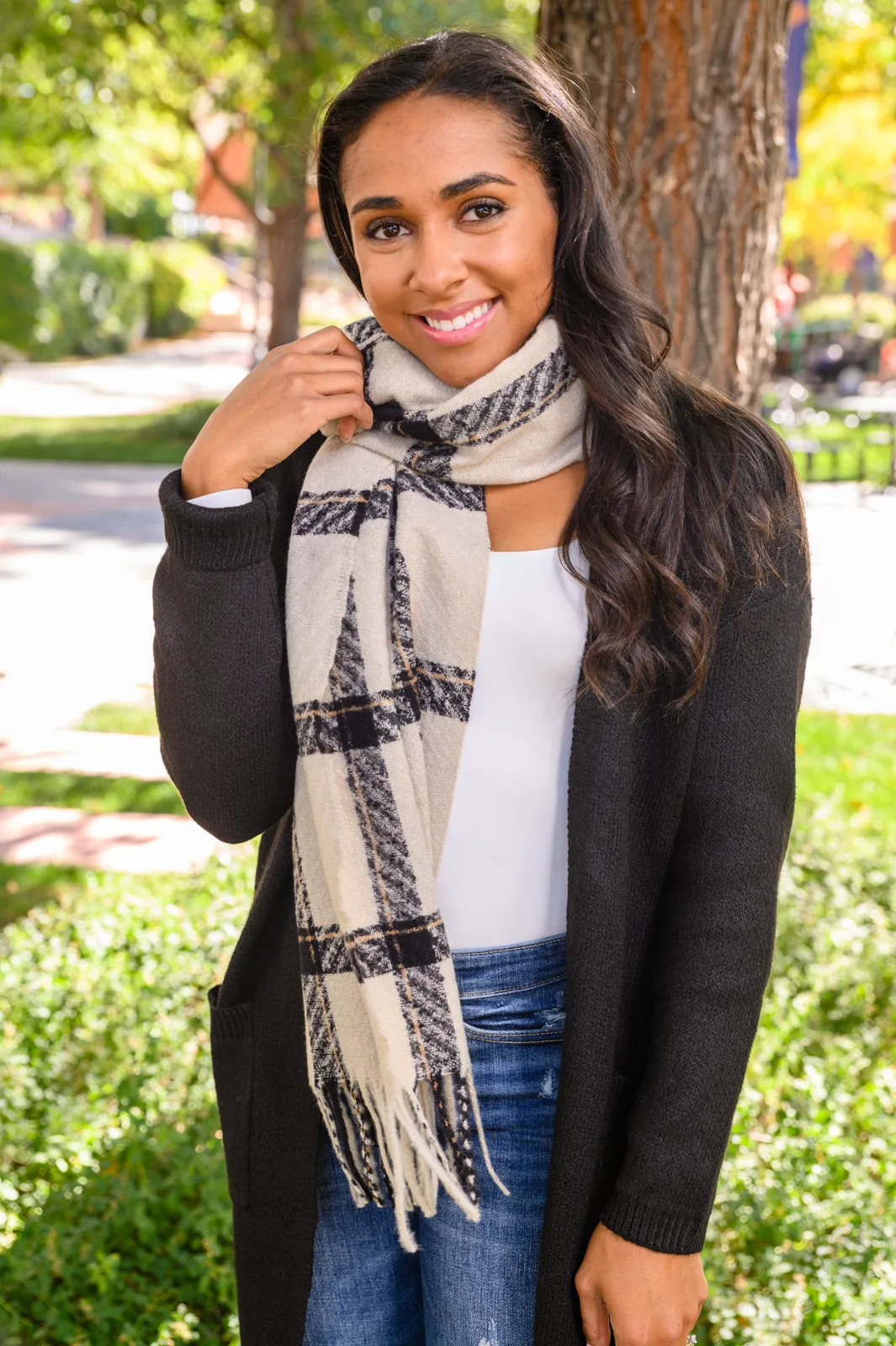 Cozy Babe Beige Plaid Scarf