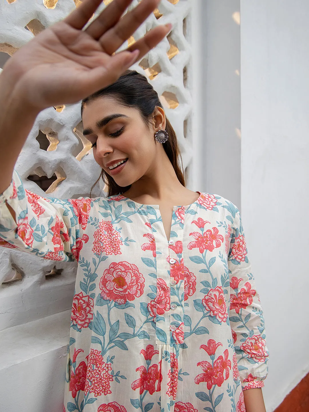 Cream Cotton Floral A-Line Tunic