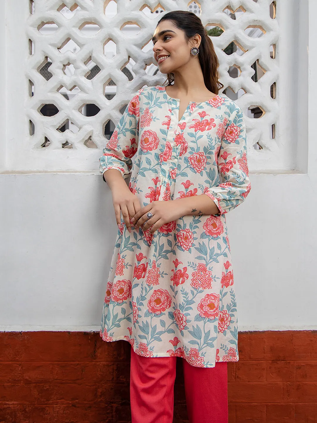 Cream Cotton Floral A-Line Tunic