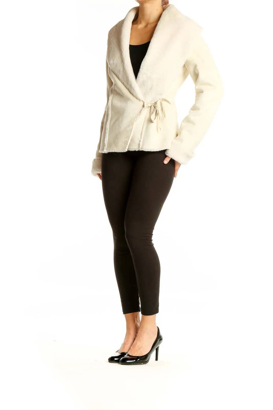 Cream Faux Fur Collar Wrap Jacket