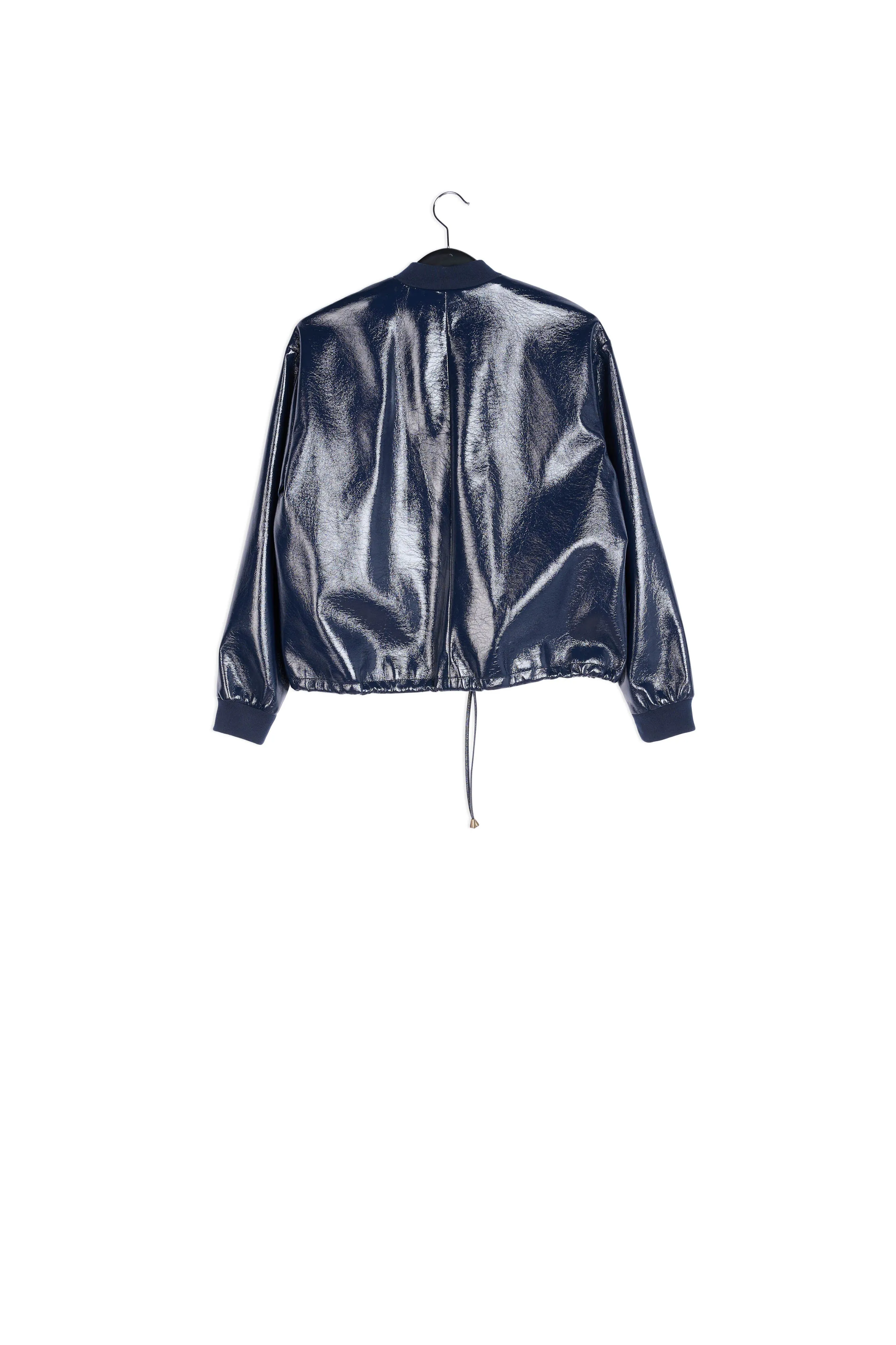 Dark blue faux patent-leather bomber jacket