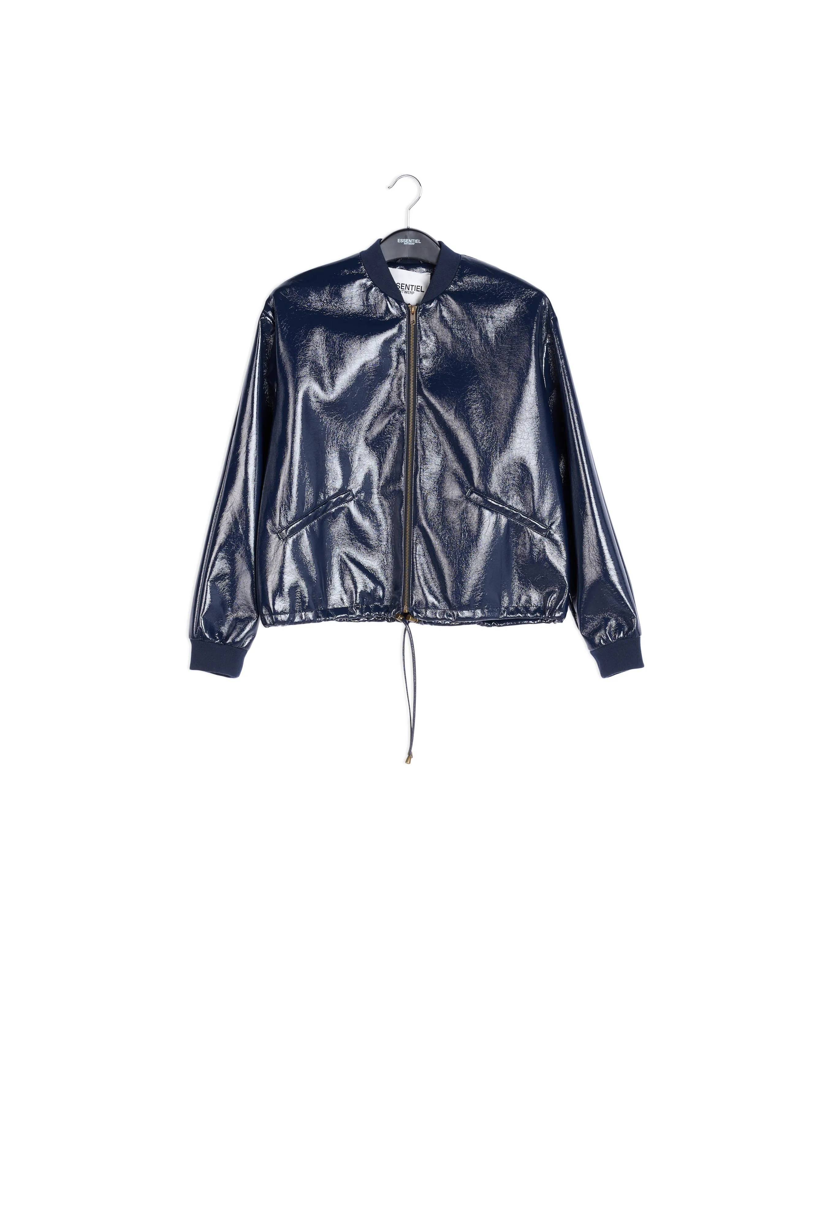 Dark blue faux patent-leather bomber jacket