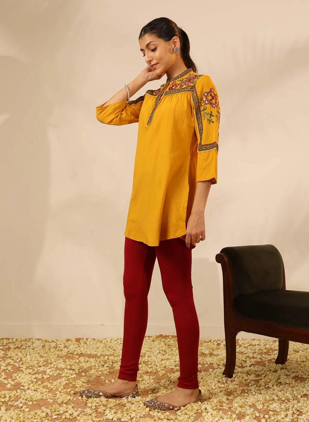 Dark Yellow Embroidered Tunic