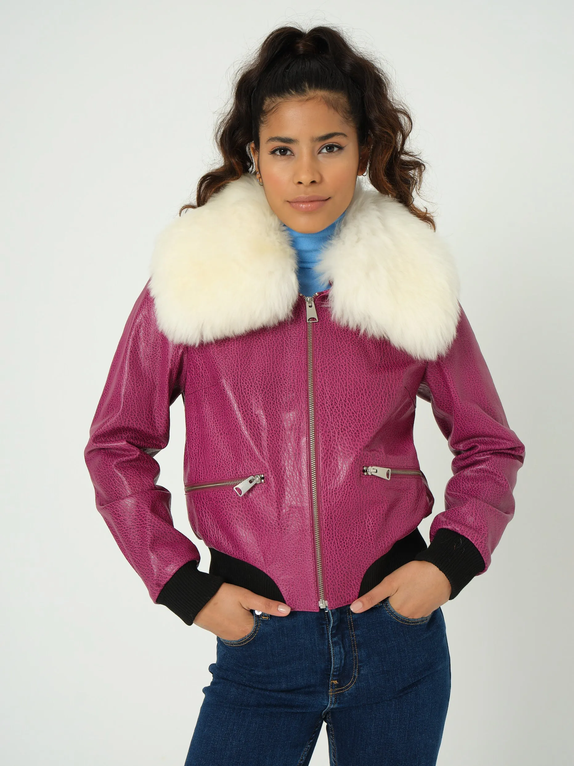 Detachable Natural Shearling Collar Bomber Jacket, Jumbo Pattern Fuchsia