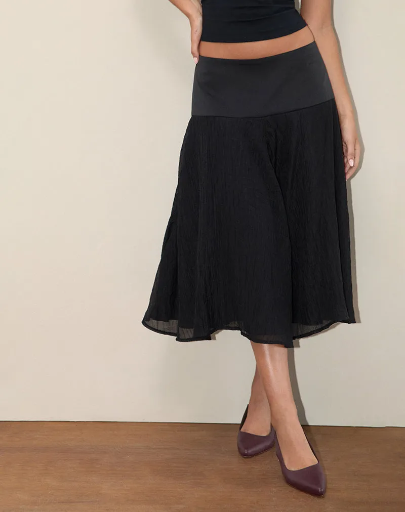 Diera Satin Chiffon Midi Skirt in Black