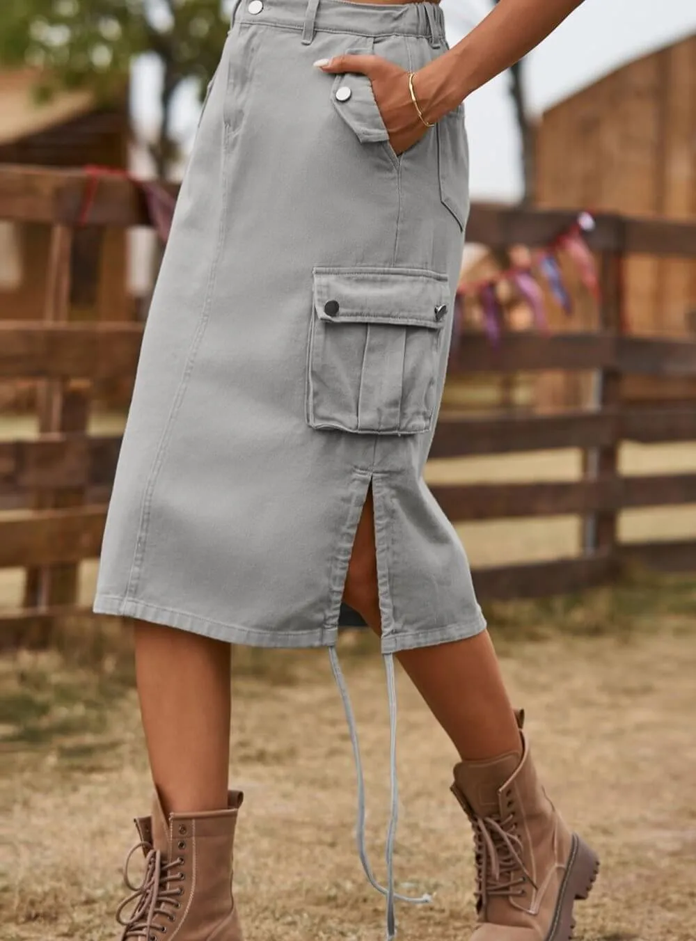 Drawstring Denim Cargo Skirt