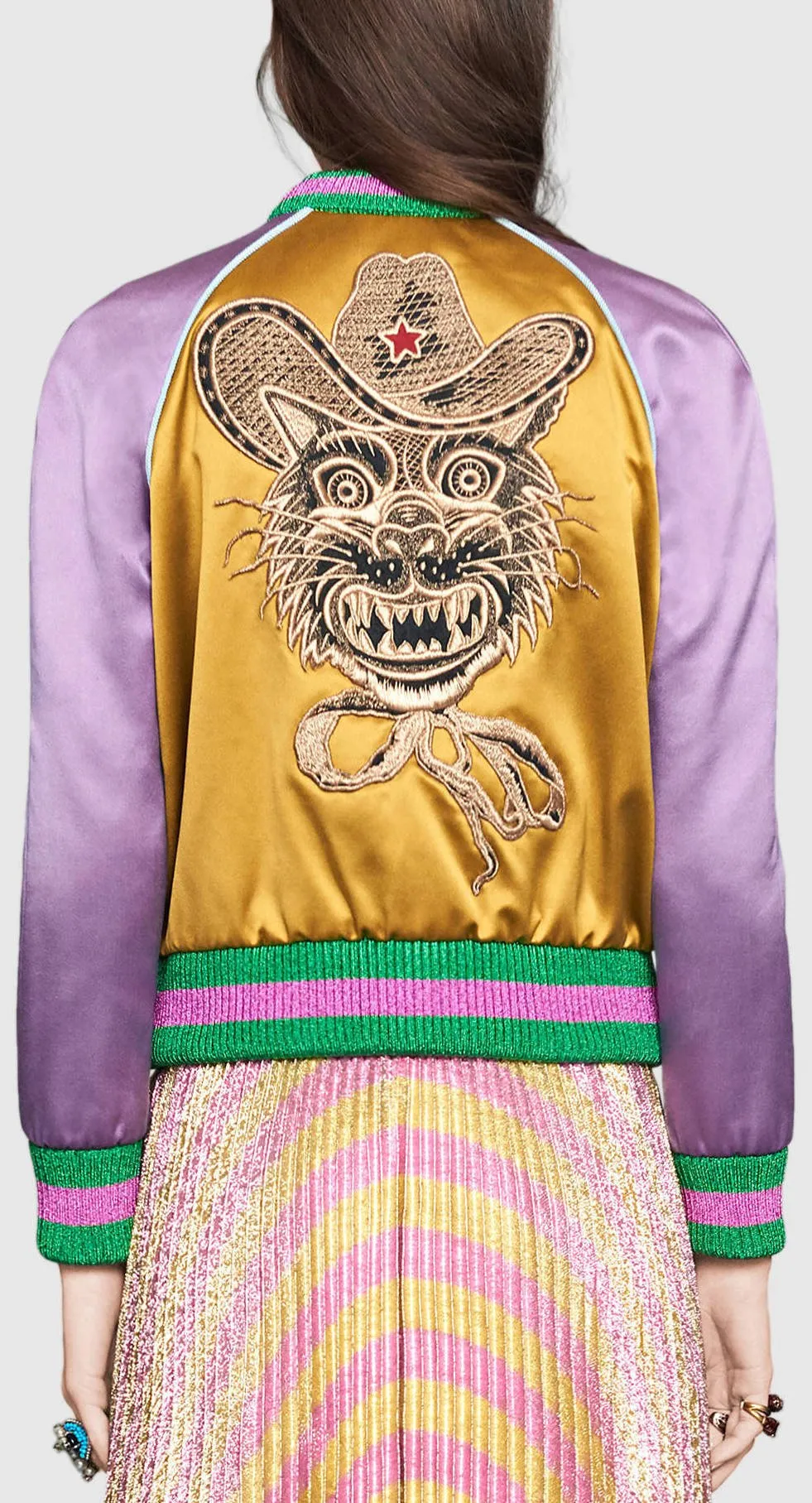 Embroidered Color-Contrast Satin Bomber Jacket