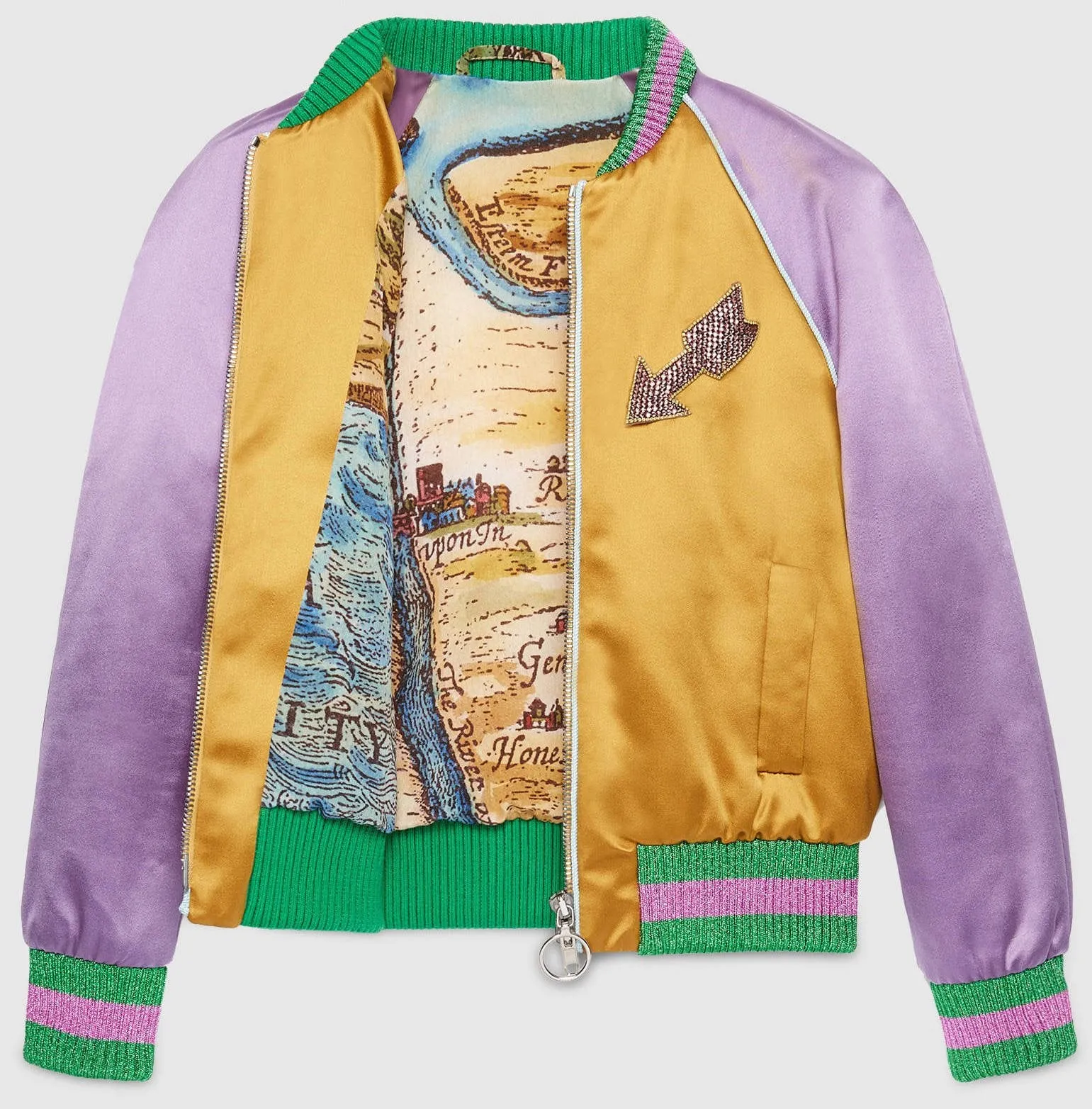 Embroidered Color-Contrast Satin Bomber Jacket