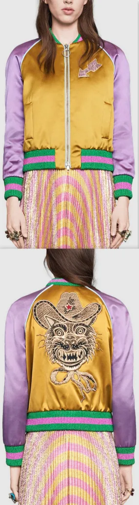 Embroidered Color-Contrast Satin Bomber Jacket