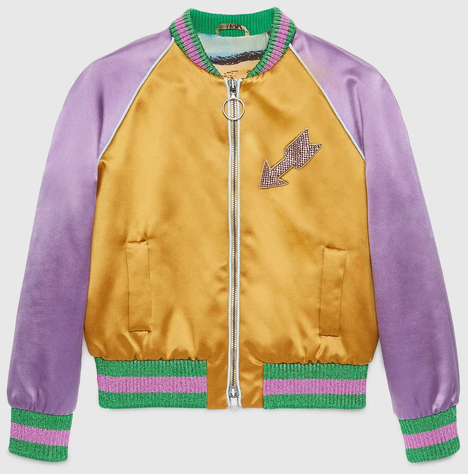 Embroidered Color-Contrast Satin Bomber Jacket